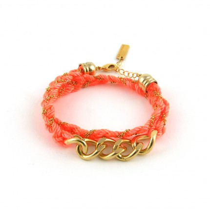 Bracelet double maillon, orange fluo, chaîne dorée