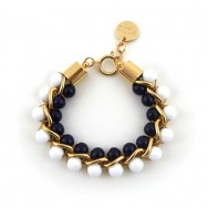 Bracelet plaque or 18 k, perles de verre bleues et blanches
