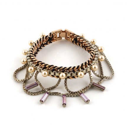 Bracelet chaînes argentées et dorées, perles Swarovski